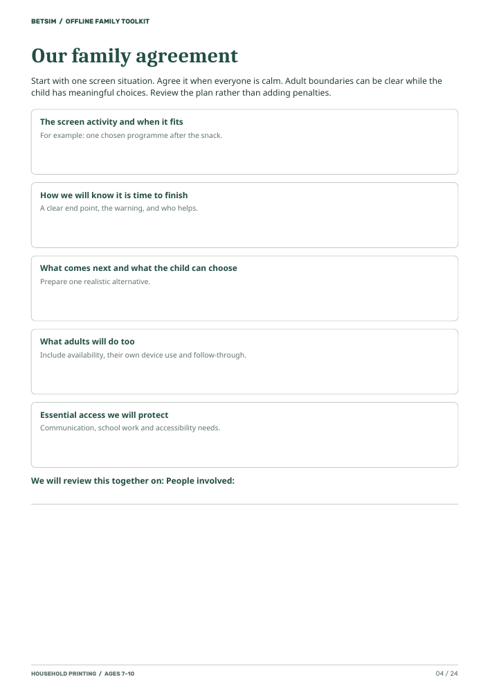 A preview of the printable Our family agreement worksheet, with spaces for screen routines, next steps and adult commitments.