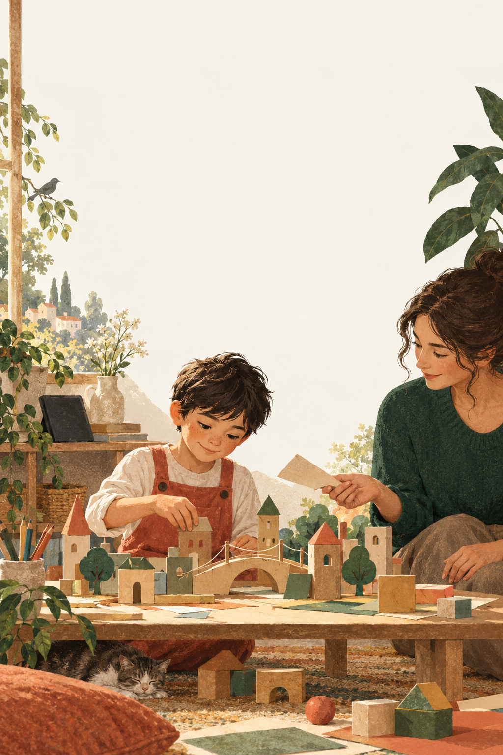 An illustrated parent and child building a cardboard town together at home.