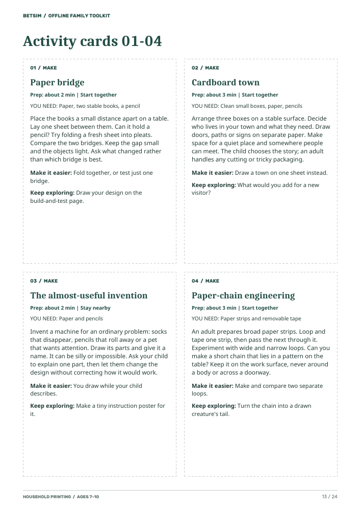 Four printable activity cards: paper bridge, cardboard town, an invention and a paper chain